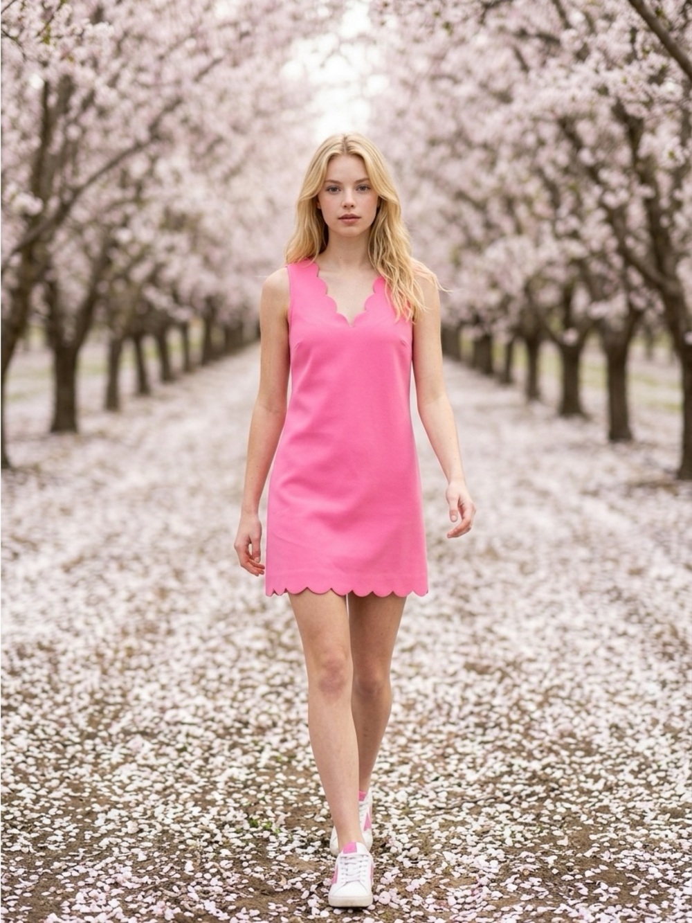 Lilly Pulitzer Hot Pink Scallop-Edge Sleeveless Shift Midi Dress
